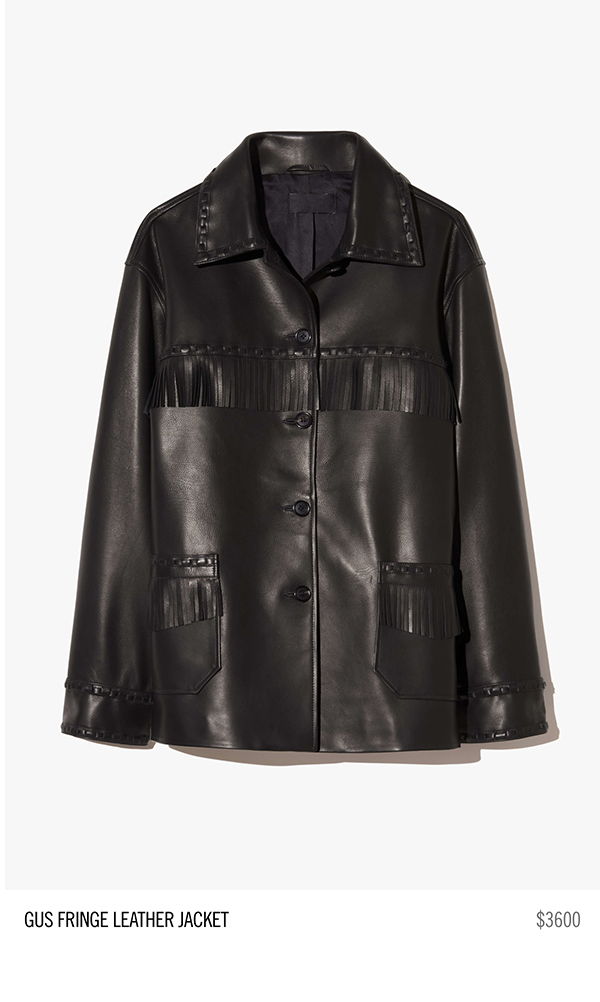 Black leather jacket with fringe details and button closure.