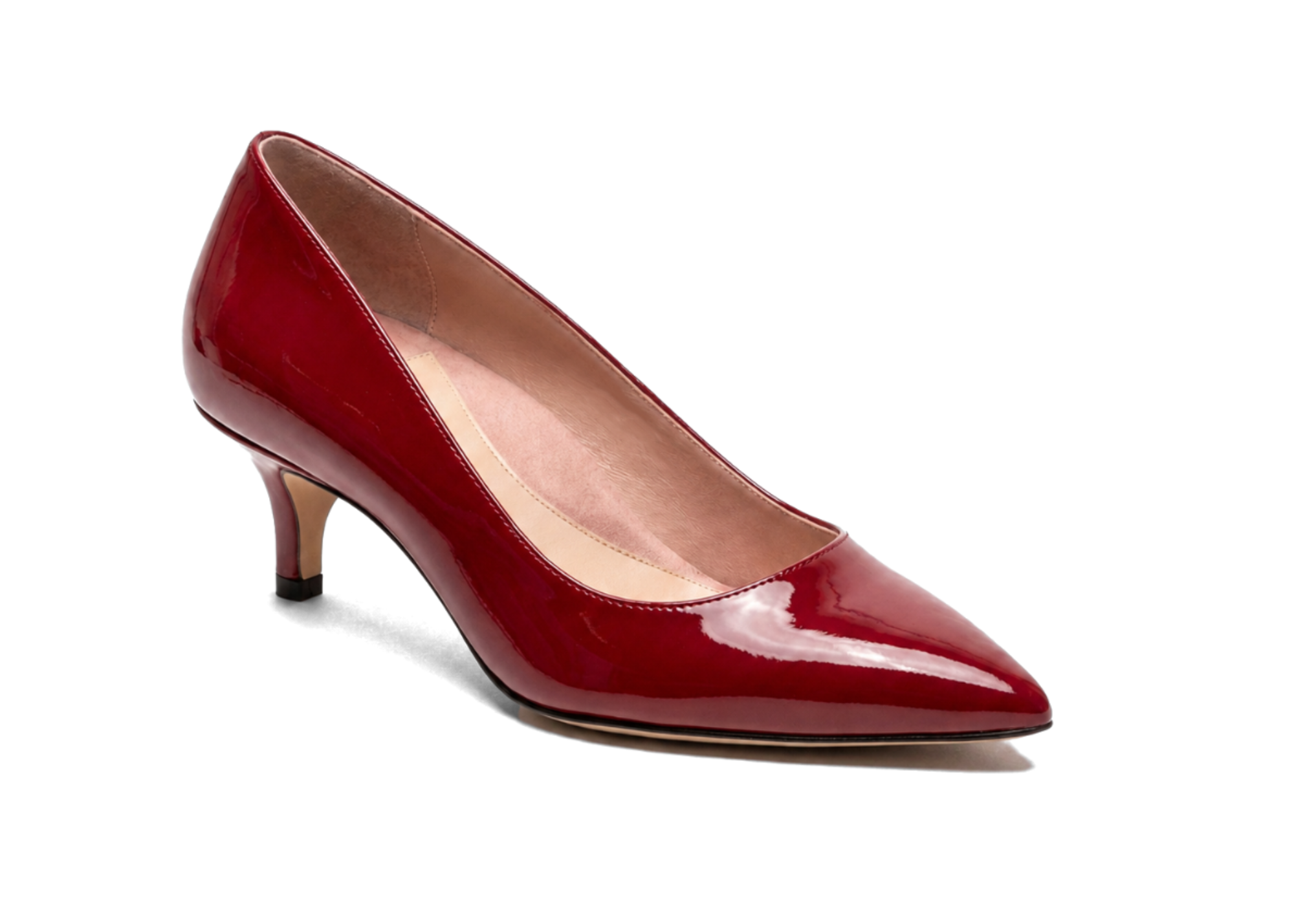 Red patent leather high heel shoe with a pointed toe.