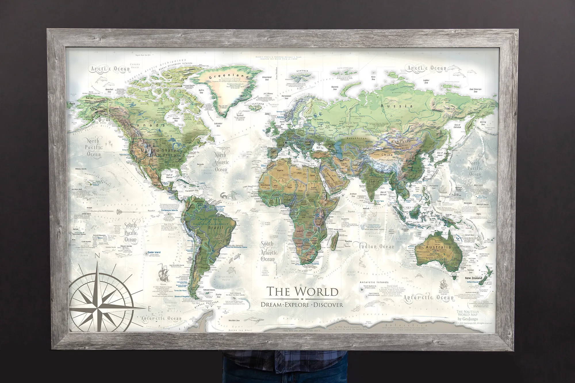 giant world map with farmhouse frame