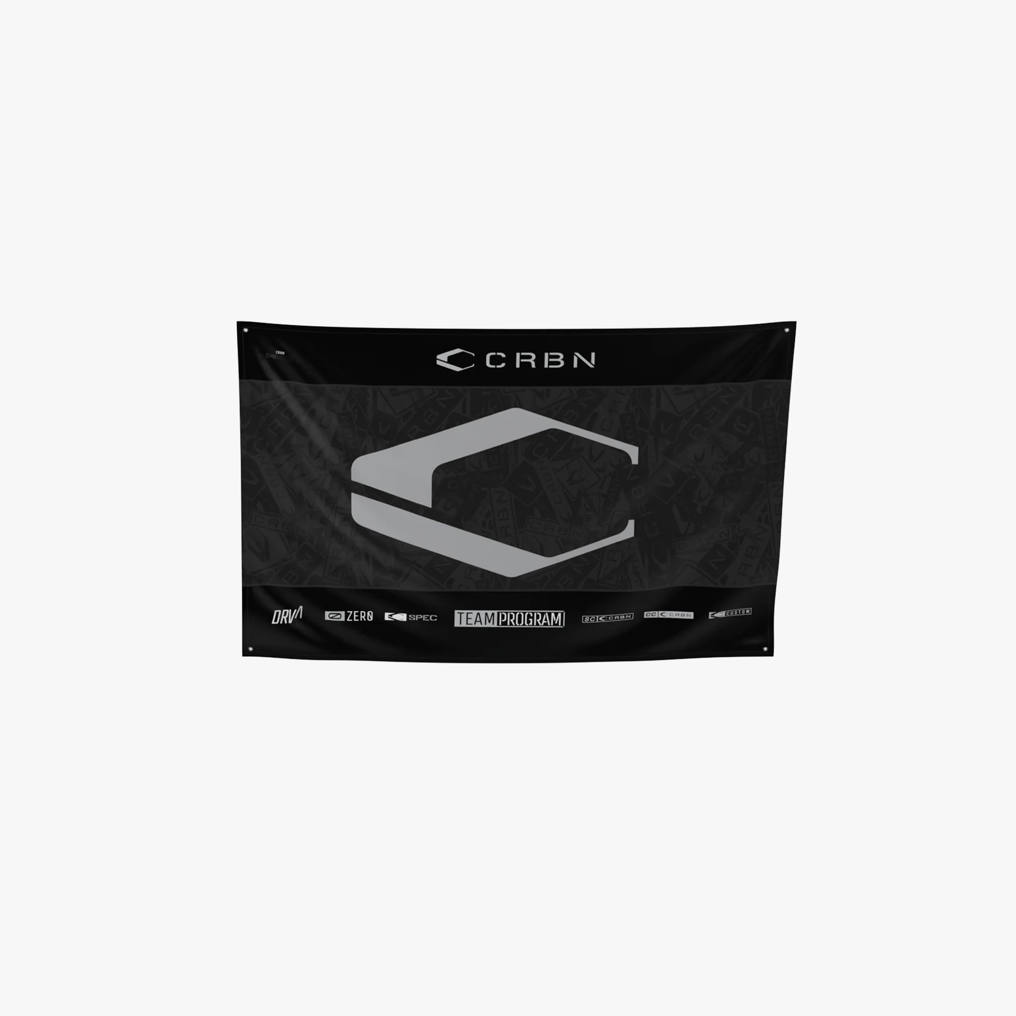 Black flag with a gray logo and branding.