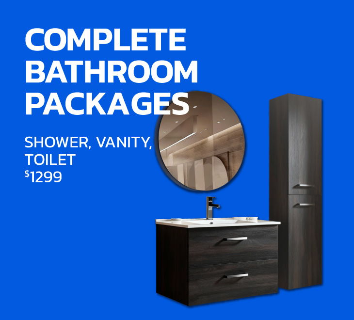 Complete bathroom packages with shower, vanity, and toilet for $1299.