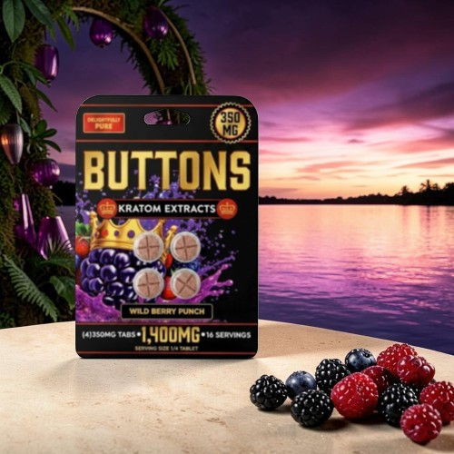 Buttons kratom extract packaging with berries and sunset background.