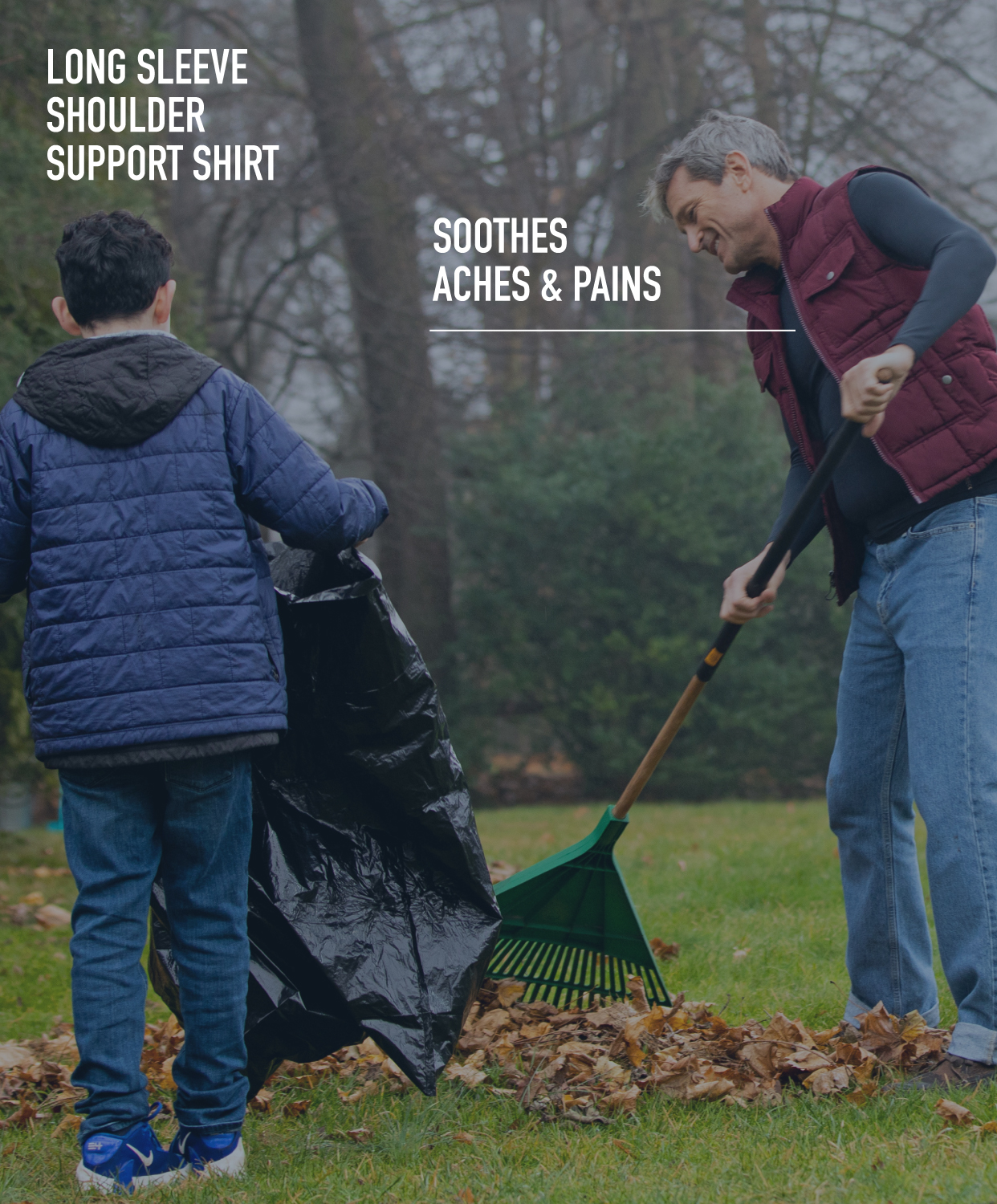 Father raking in yard with son wearing the Long Sleeve Shoulder Support Shirt