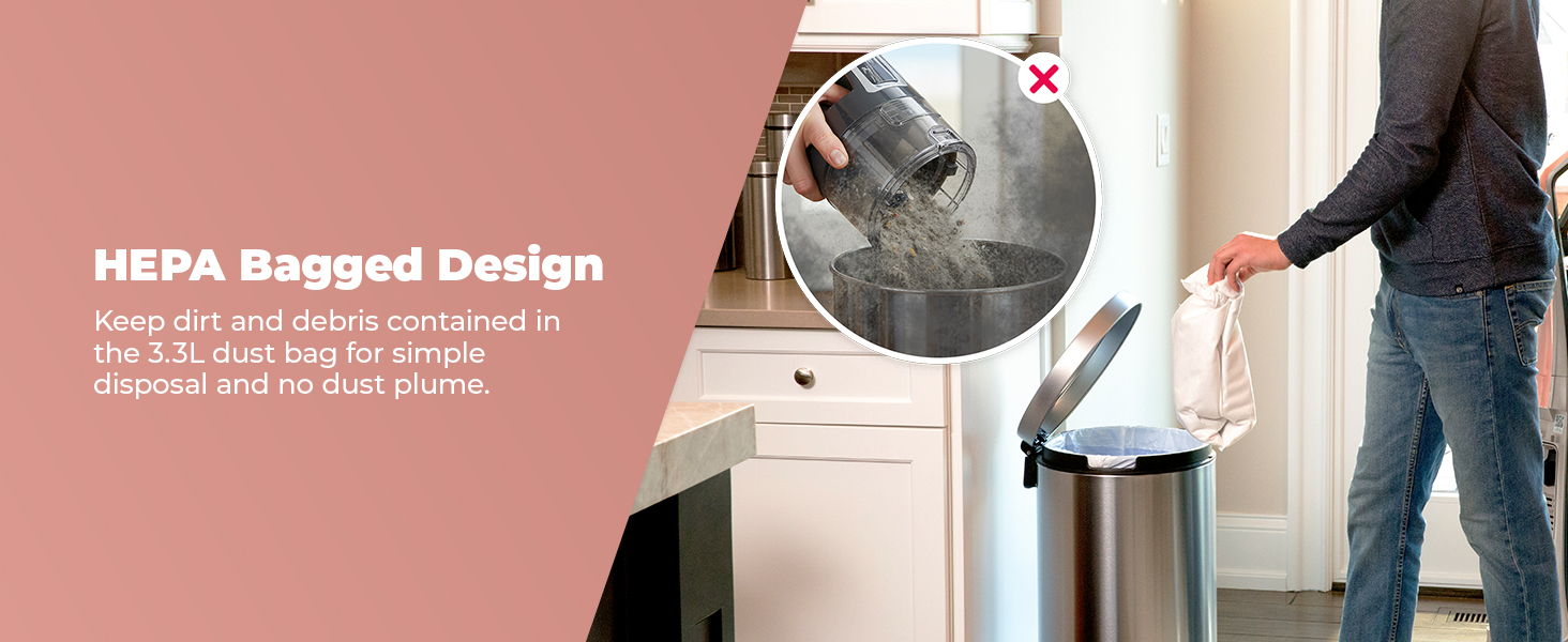 Person disposing of trash in a modern kitchen trash can with HEPA design.