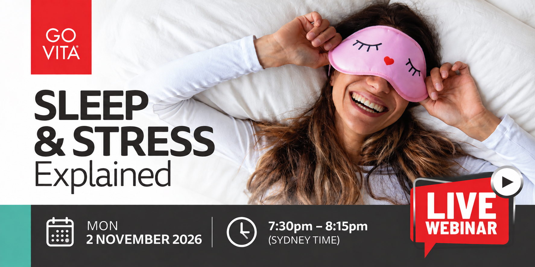 Woman wearing a sleep mask, promoting a webinar on sleep and stress.