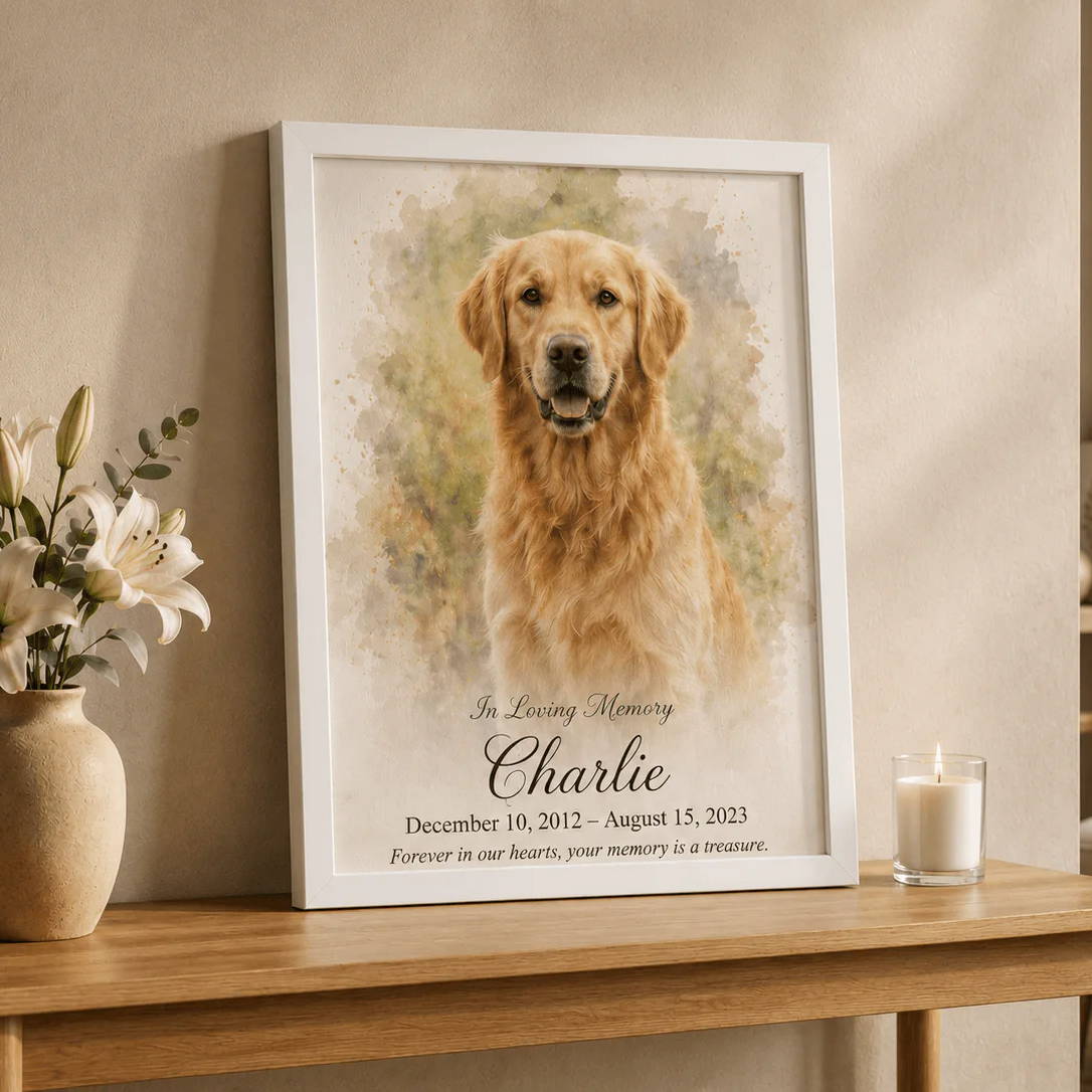 Framed portrait of a golden retriever named Charlie on a wooden table.
