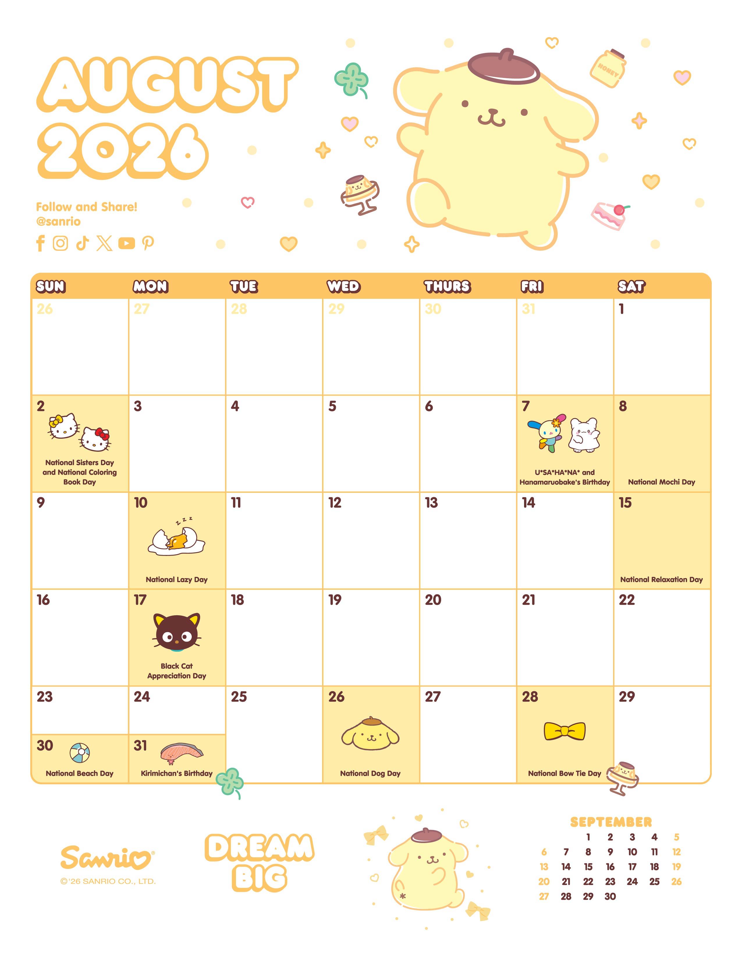 Cute calendar for August 2026 with illustrations and pastel colors.