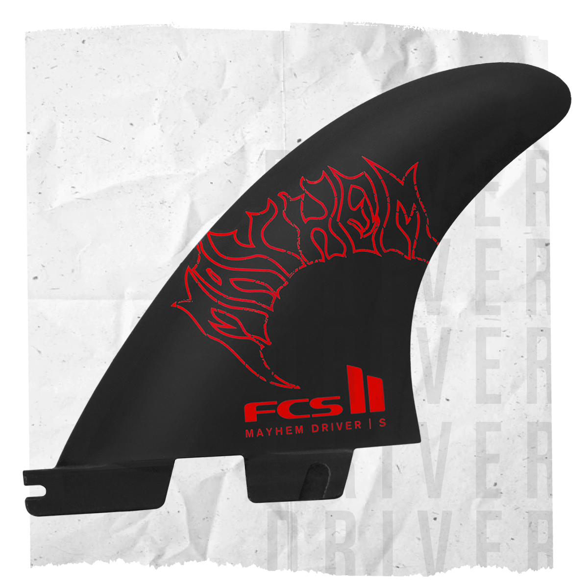 Black surfboard fin with red design and 