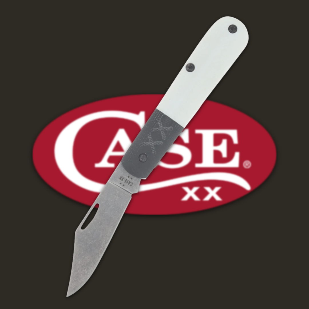 A folding knife with a white handle and CASE logo background.