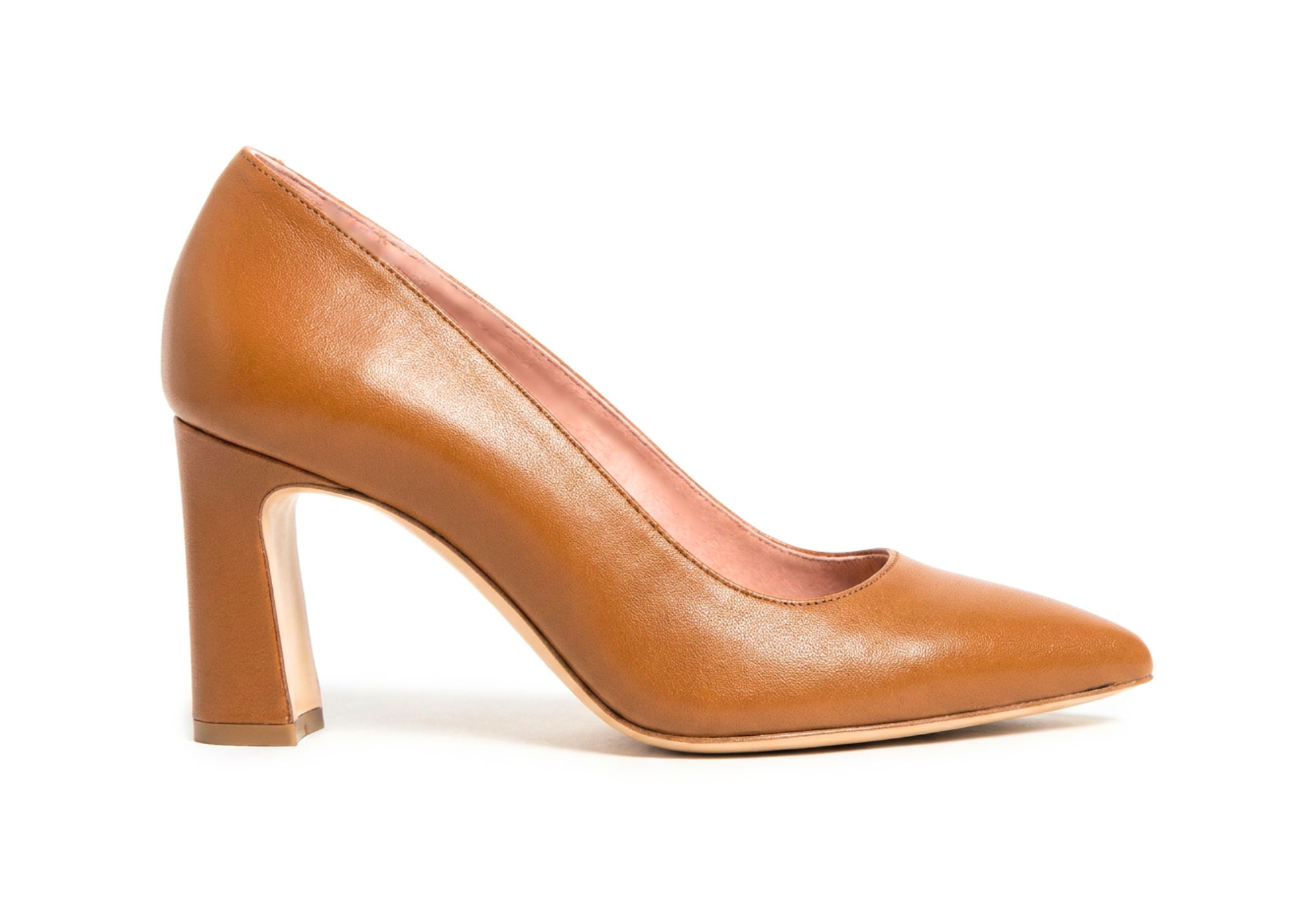 Brown high-heeled pump shoe with a square heel.