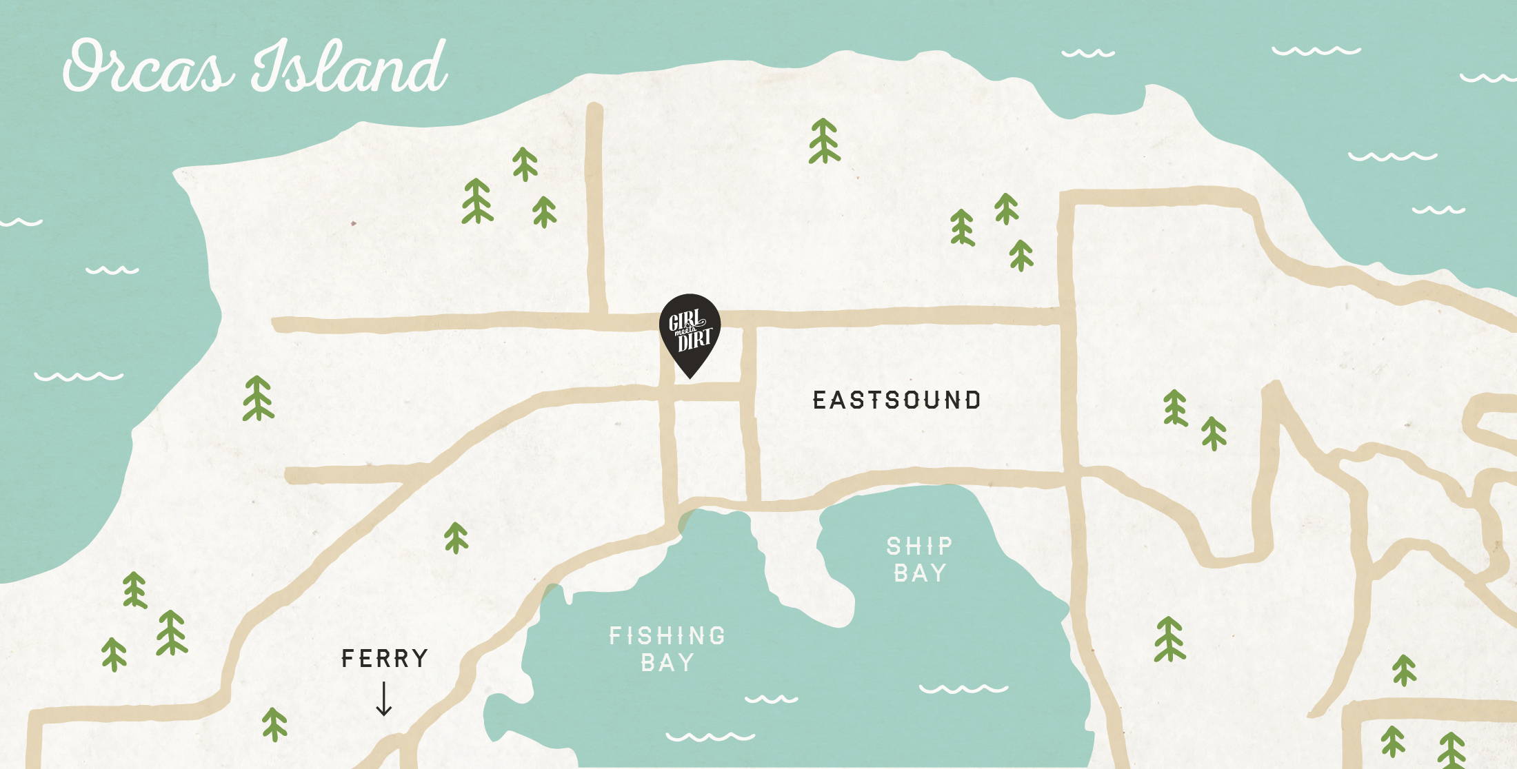 Illustrated map of Orcas Island with the location of Girl Meets Dirt identified with a small logo.