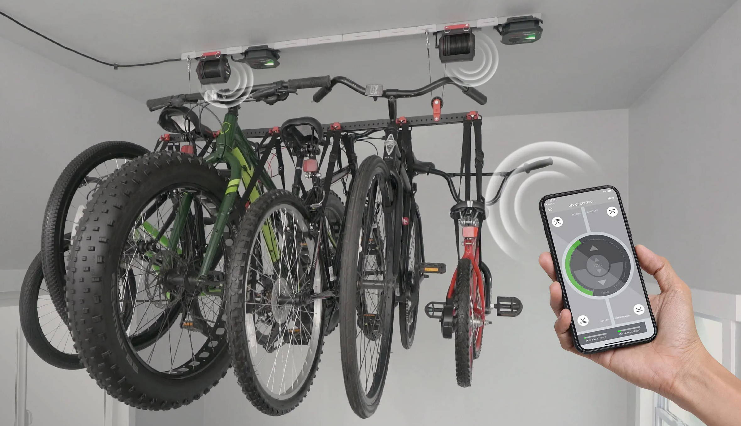 Multi-Bike XL lifting six bikes with phone app