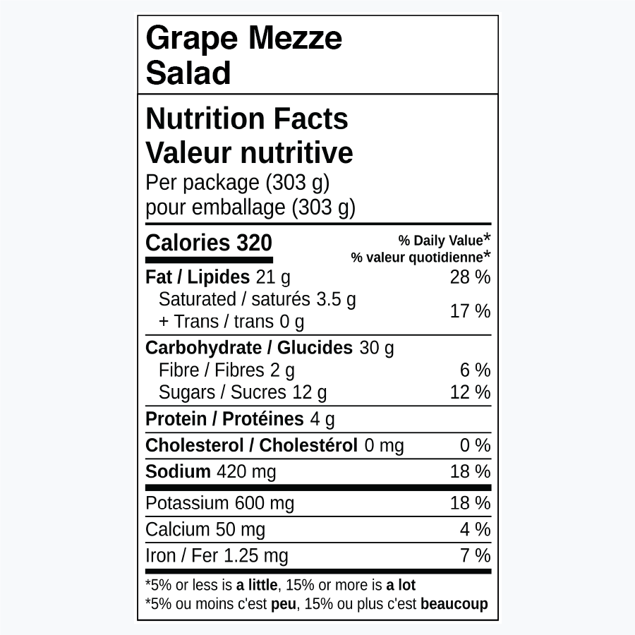 Nutrition facts label for Grape Mezze Salad.