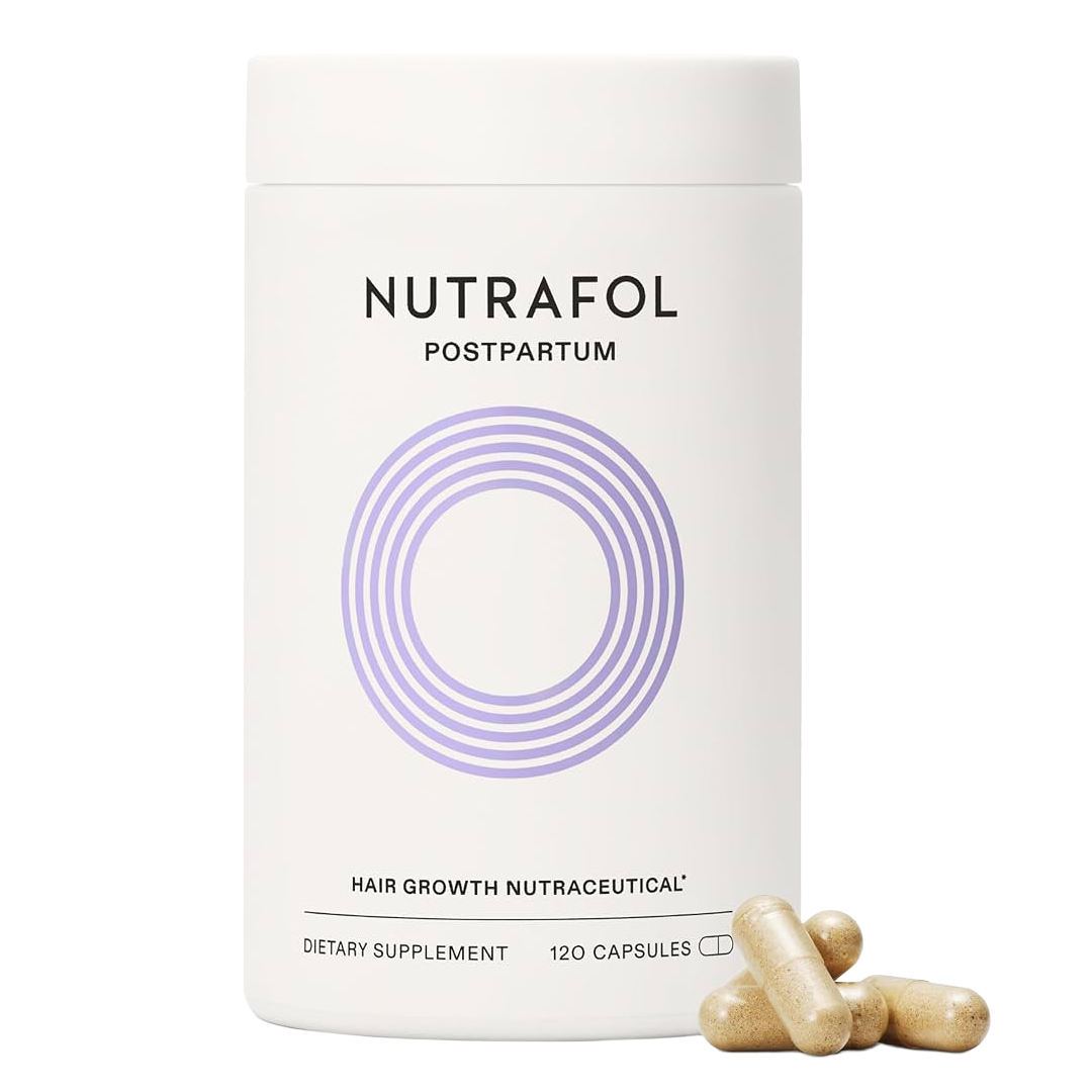 Nutrafol Postpartum hair growth supplement with capsules displayed beside the container.
