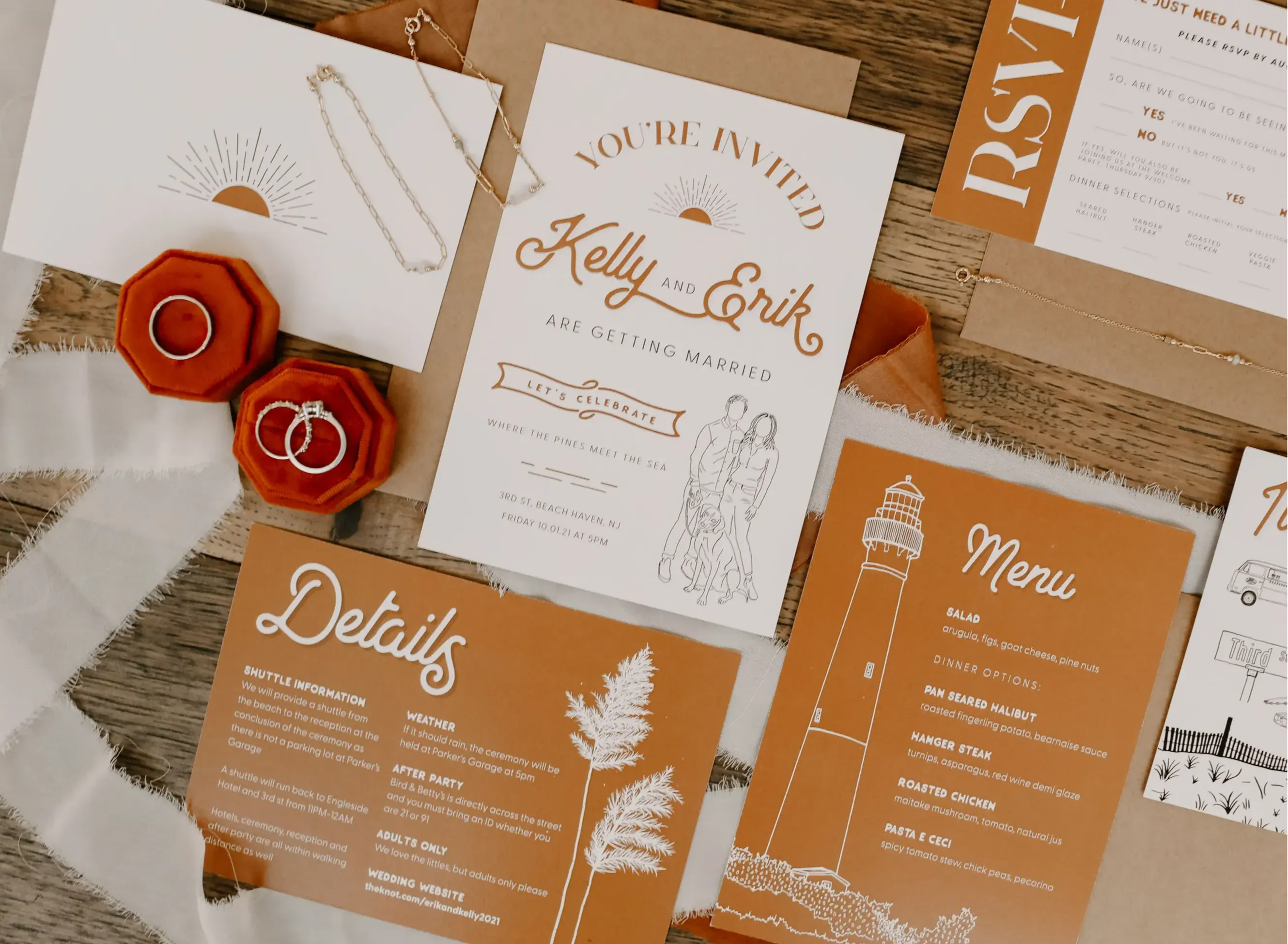 Barnegat Lighthouse Illustration | Boho wedding on the beach | Flat lay Wedding Invites