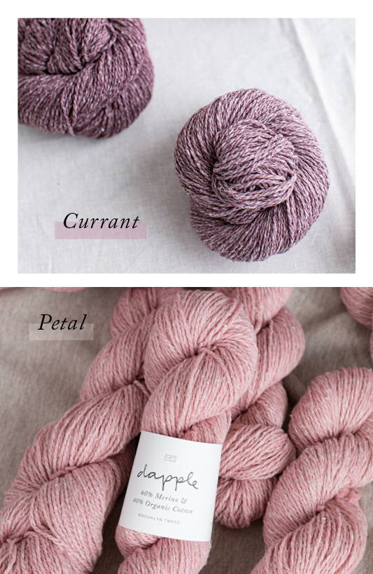 Top: Two swirled skeins of Dapple yarn in color Currant on a white linen surface. Bottom: A pile of Dapple skeins in color Petal with topmost skein sporting it’s label.