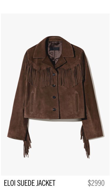 Brown suede jacket with fringe details, priced at $2990.