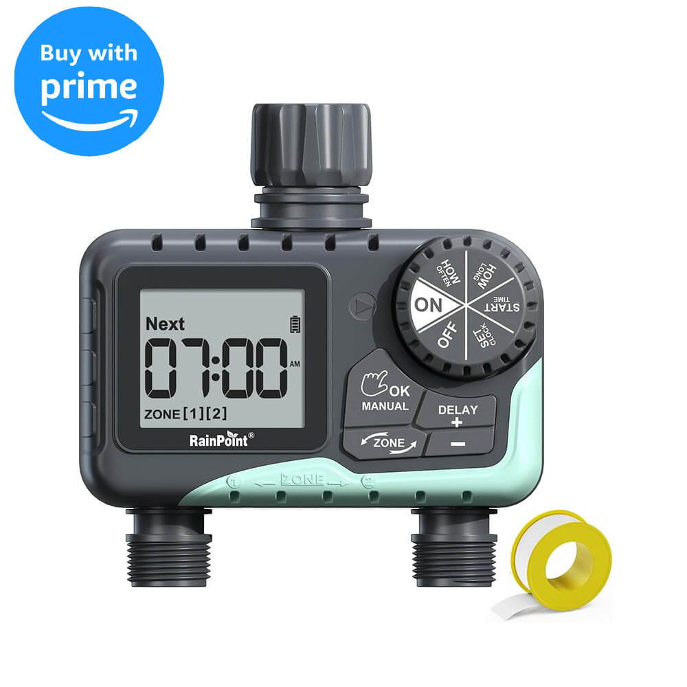 Digitaler Gartenschlauch-Timer mit Display und Drehknopf.