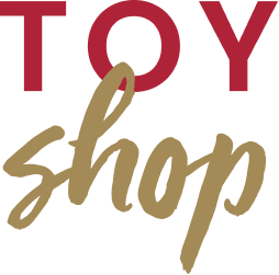 Logo for a toy shop with decorative text.