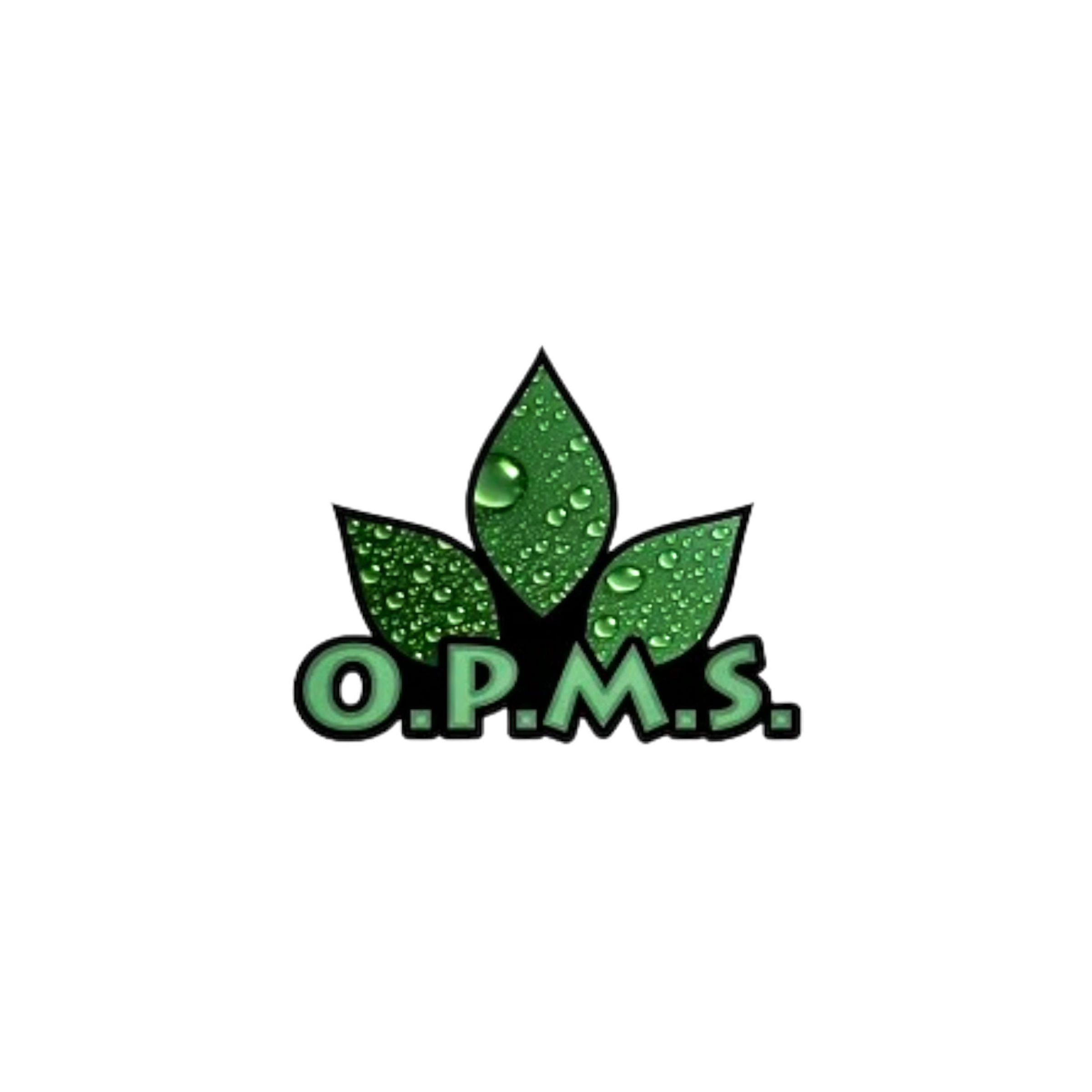 Logo of O.P.M.S. featuring green leaves with water droplets.