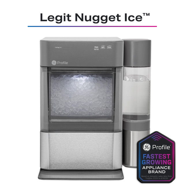 A countertop appliance for making nugget ice with branding and features displayed.