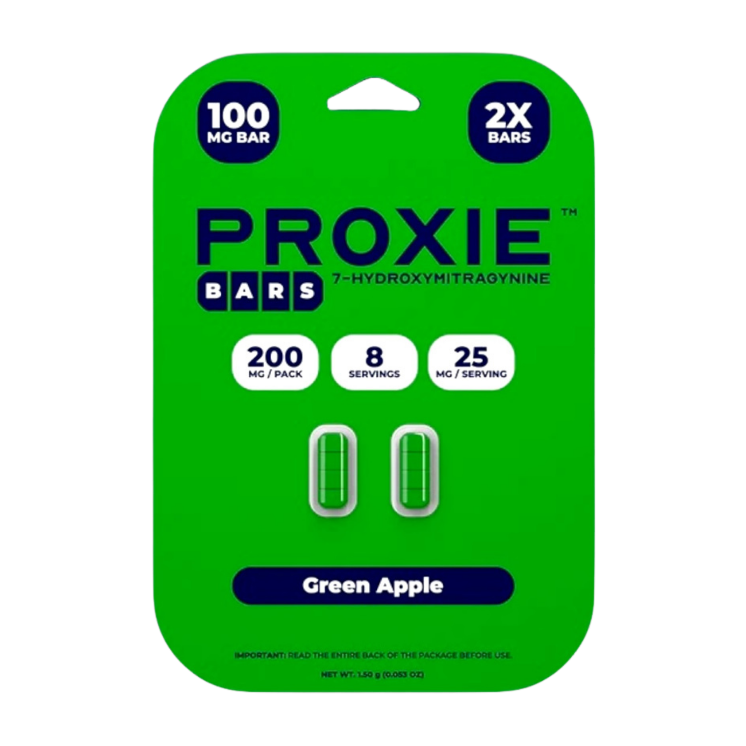 Green Apple flavored Proxie bars packaging with dosage information.