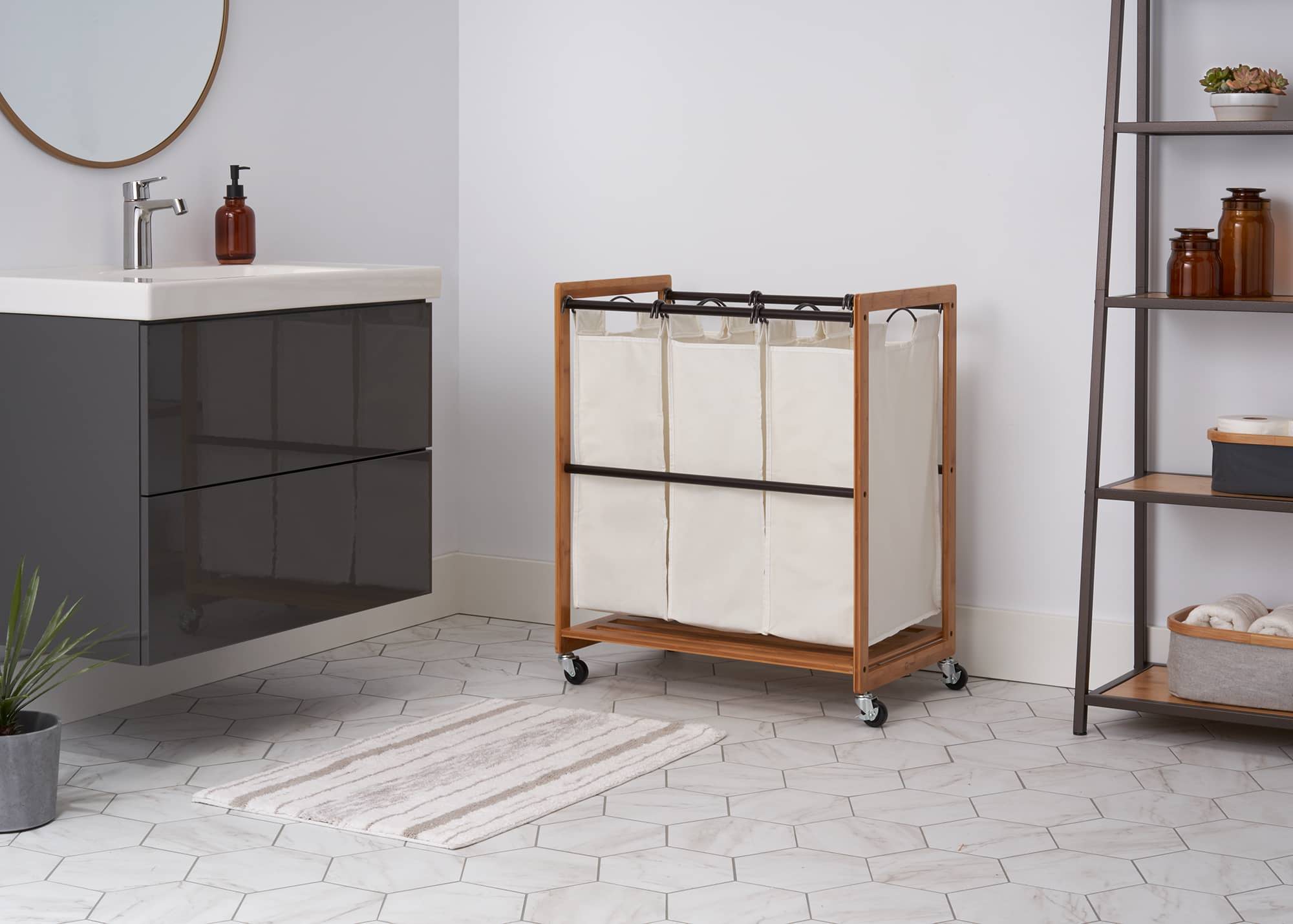 bathroom laundry cart in bamboo and bronze color