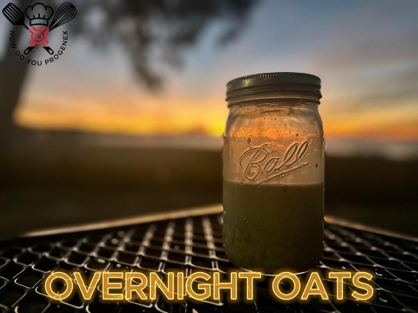 A jar of overnight oats with a sunset background.