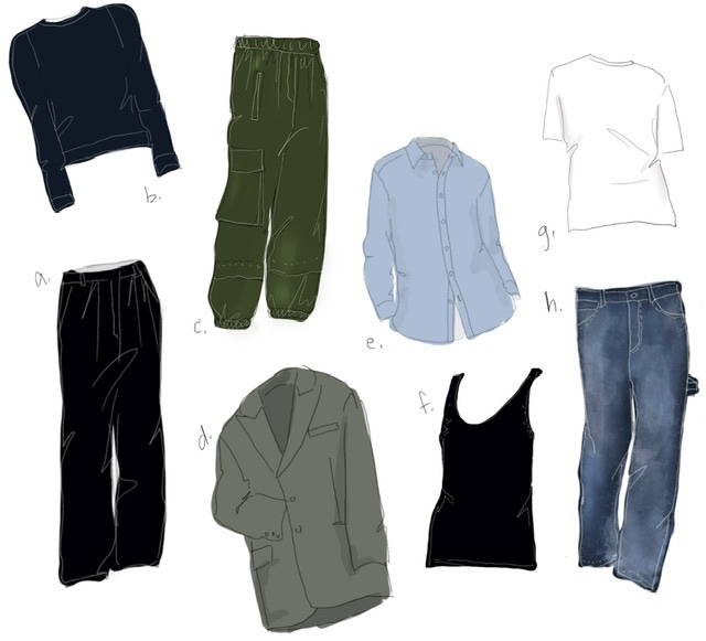 long sleeve top, black pants, green pants, grey blazer, blue button down, white t shirt, black tank top, blue jeans