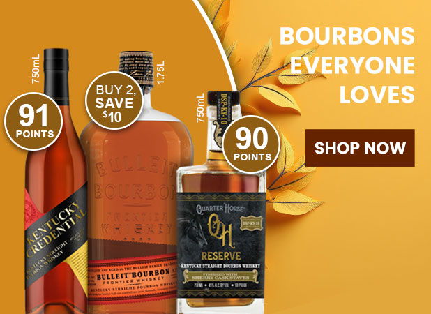 Bourbon bottles with ratings and a promotional message to shop now.