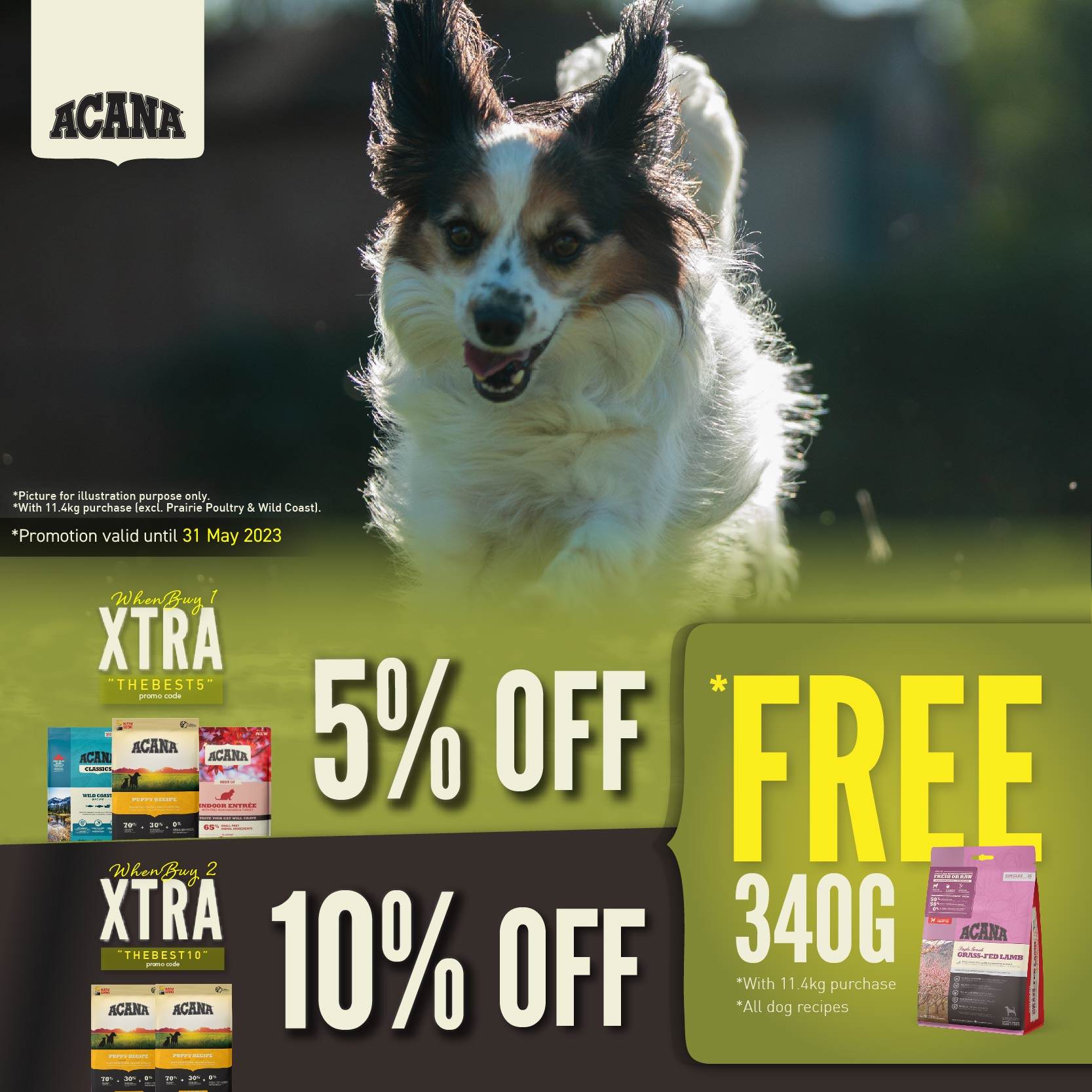 ACANA pet food promotion with free 340g for dog recipes of 11.4kg except for Prairie Poultry and Wild Coast..