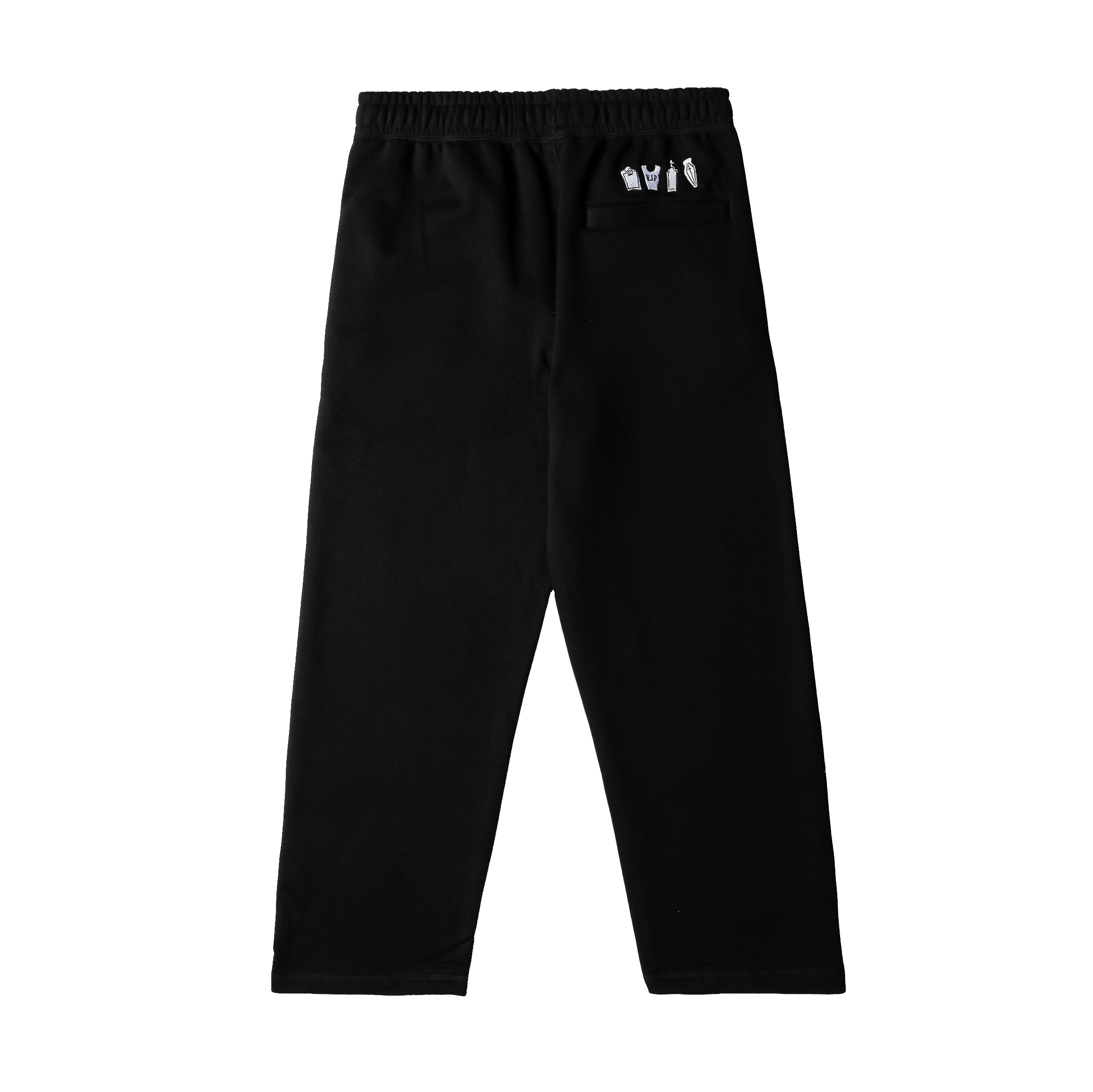 Black pants with Jack Skellington face patterns and text.