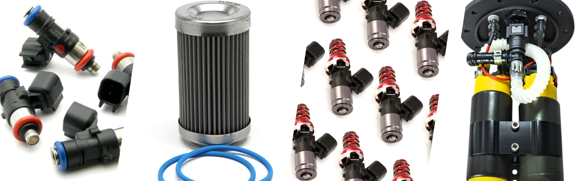 Photo collage of fuel filters, fuel pumps and fuel injectors.