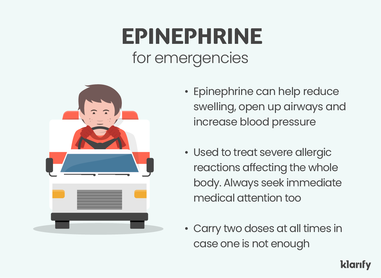 Infographic about epinephrine, which is emergency allergy medicine for kids. Details of the infographic listed below