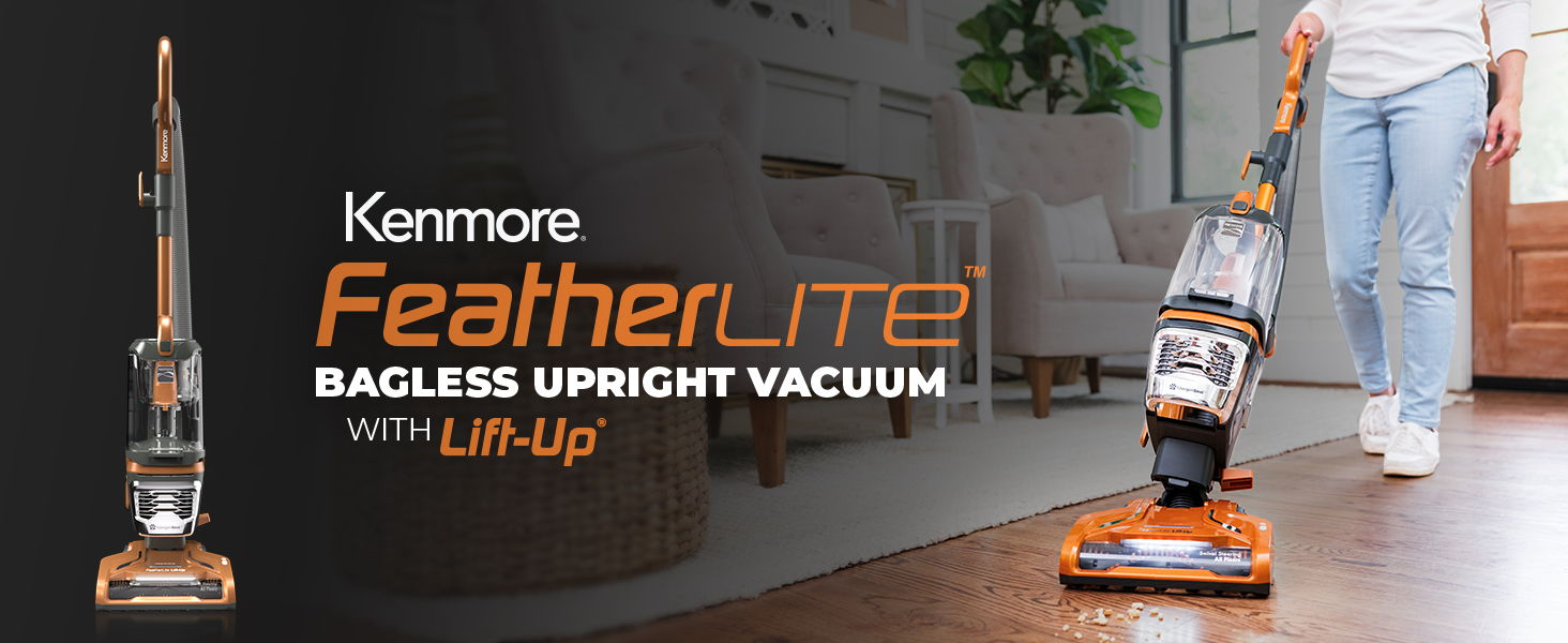 Kenmore FeatherLite bagless upright vacuum with Lift-Up feature in a home setting.