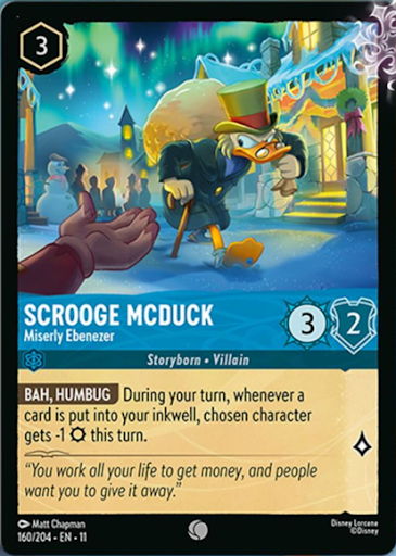 Scrooge McDuck card from a game with stats and abilities.