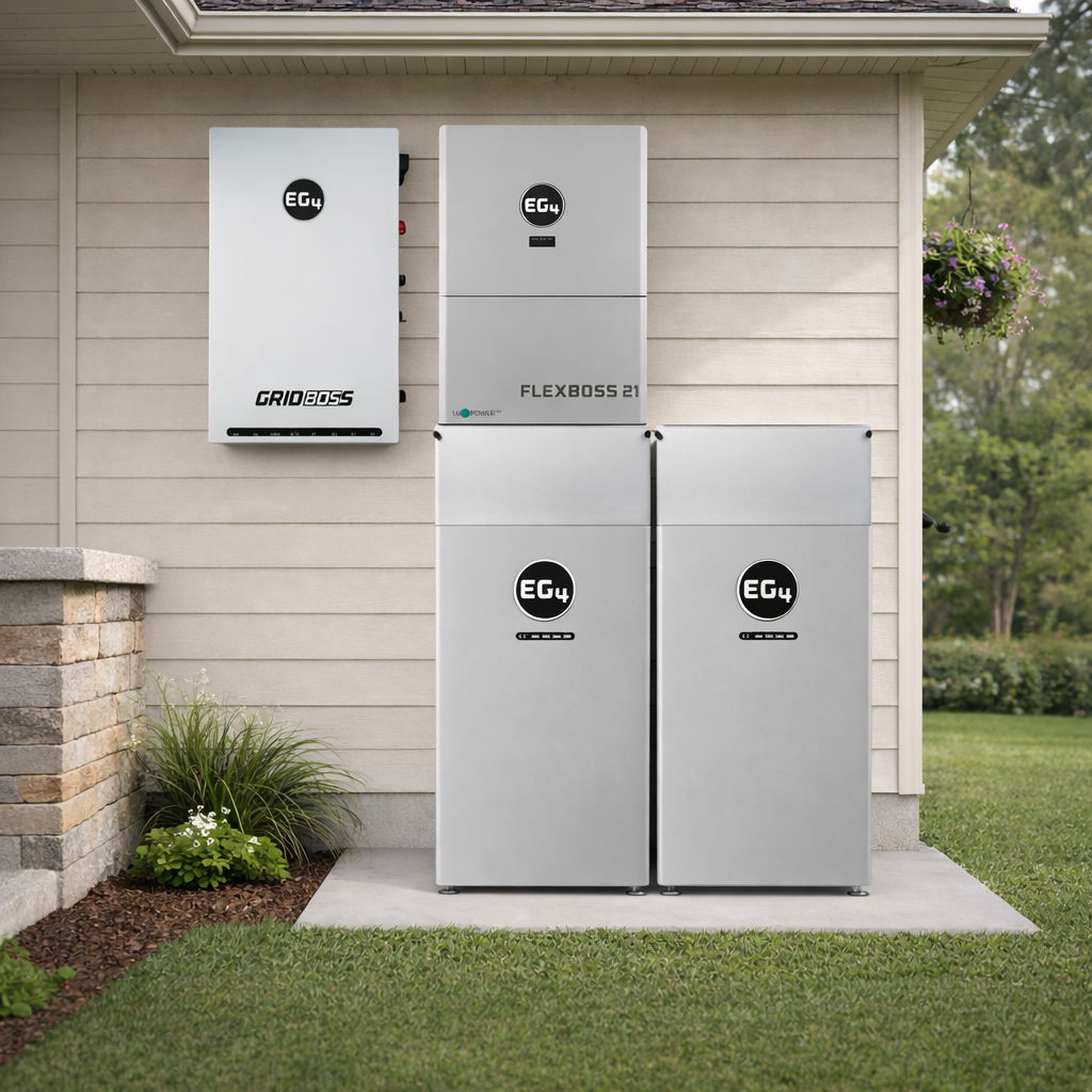 EG4 GridBOSS, FlexBOSS, and Wallmount batteries mounted on the side of a house.