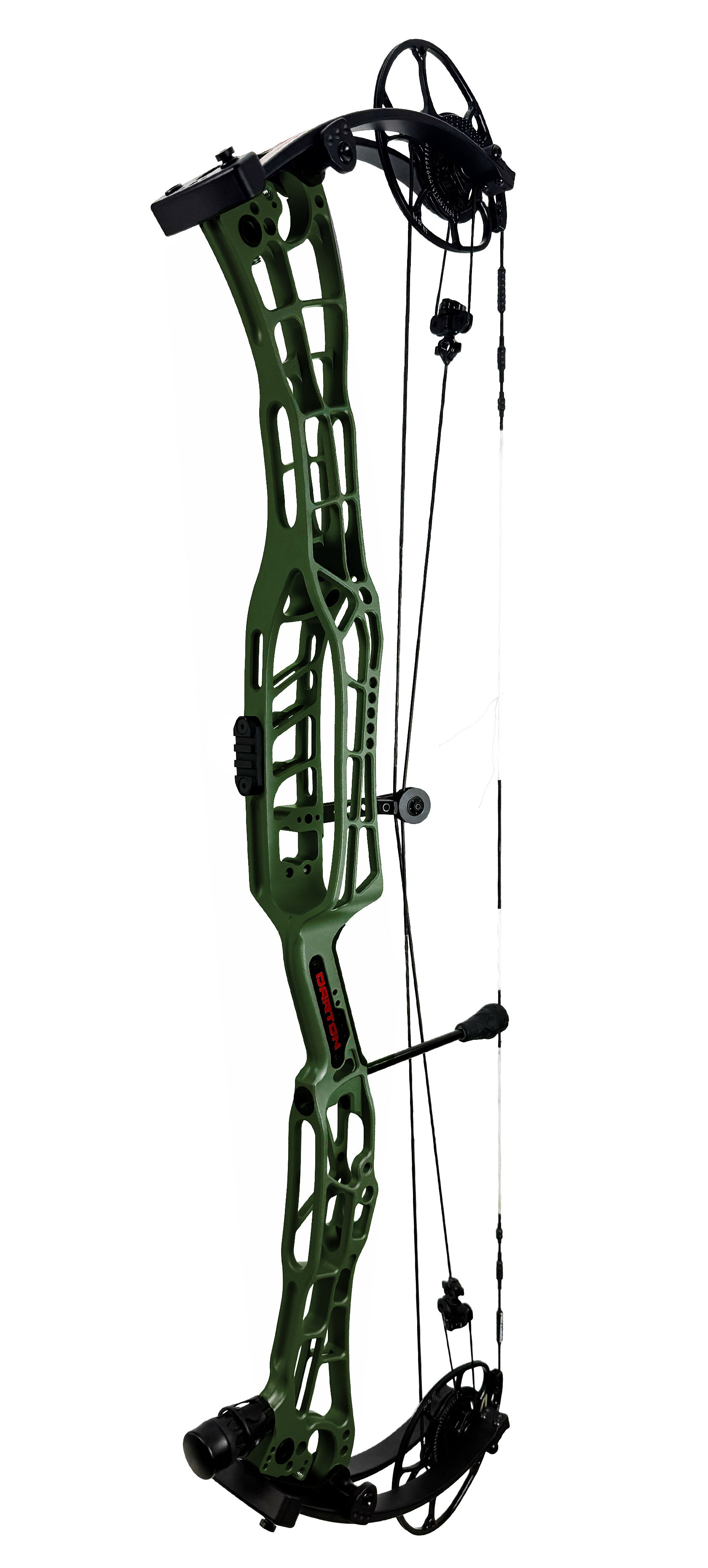 Green compound bow with a unique design and attached cables.