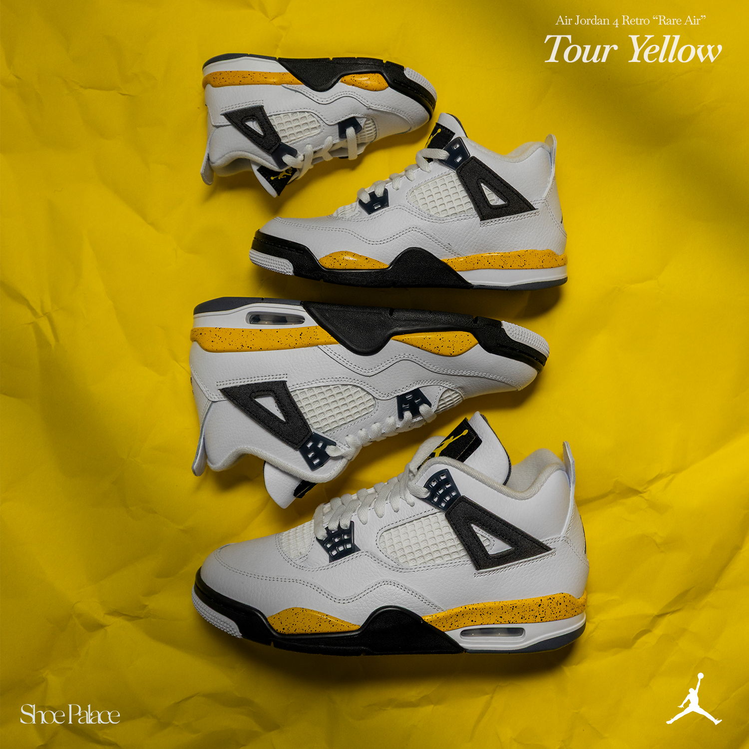 Three pairs of white and yellow Air Jordan 4 sneakers on a yellow background.