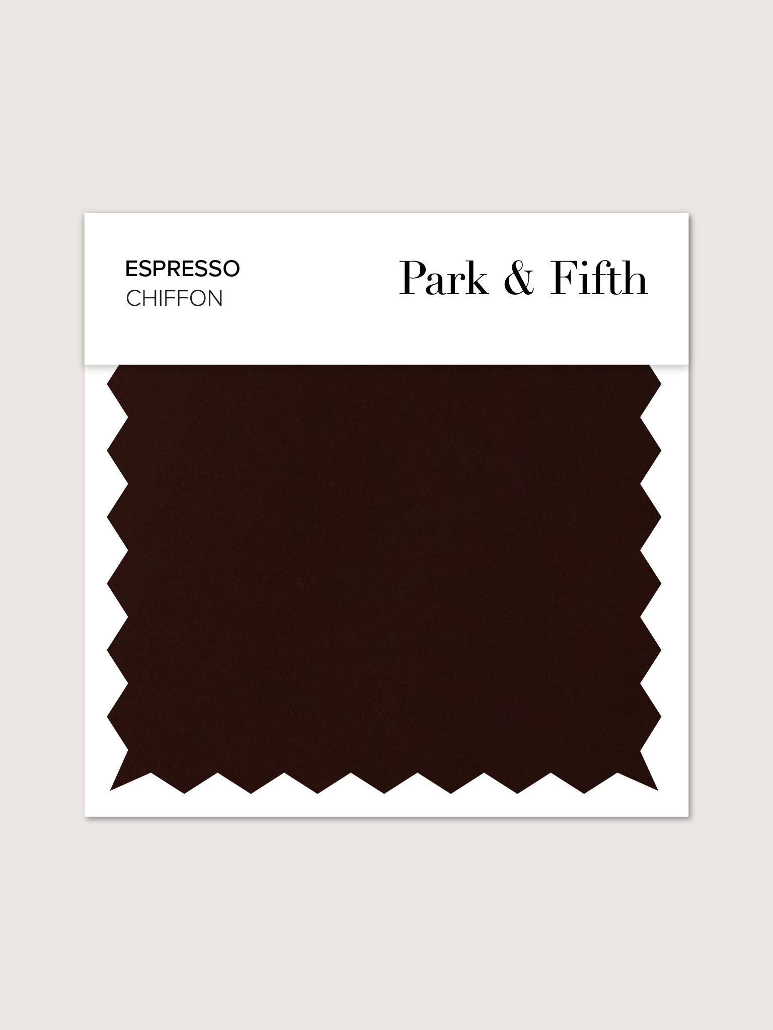 Swatch of dark brown fabric labeled 