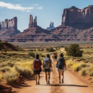 Hikers walking on a dirt path in a scenic desert landscape.