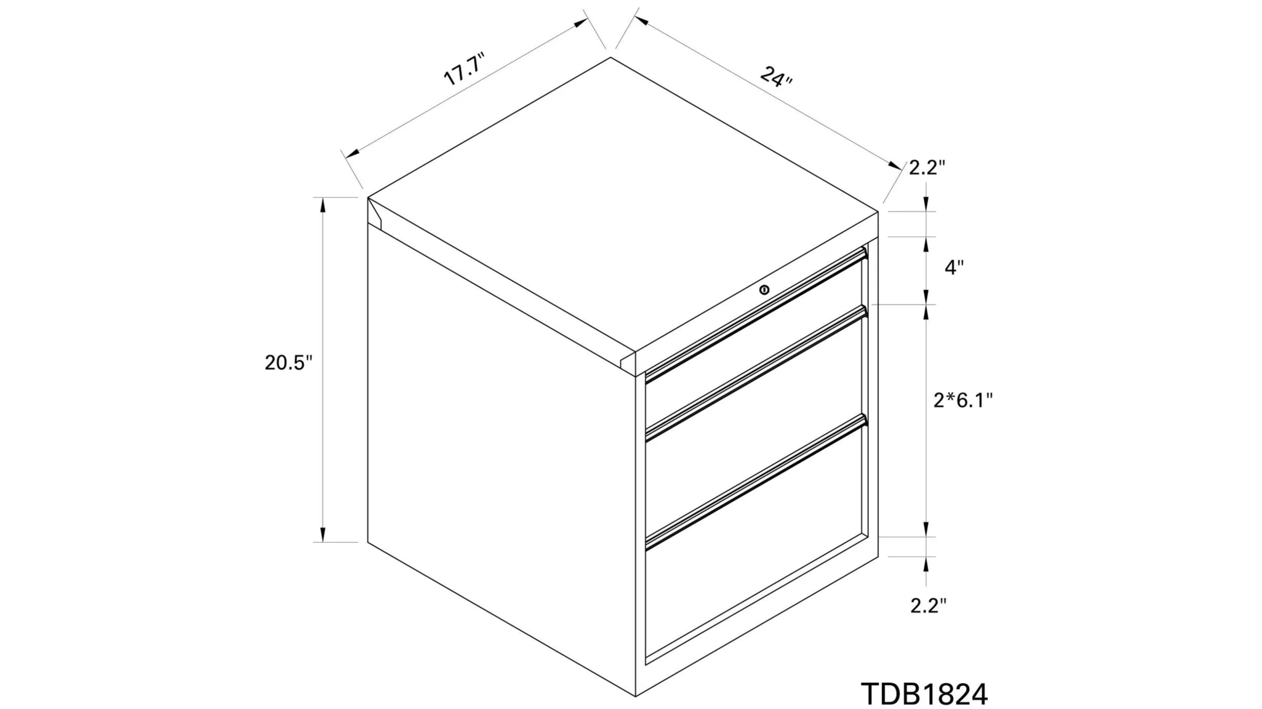 Line drawing of a two-drawer cabinet with dimensions.