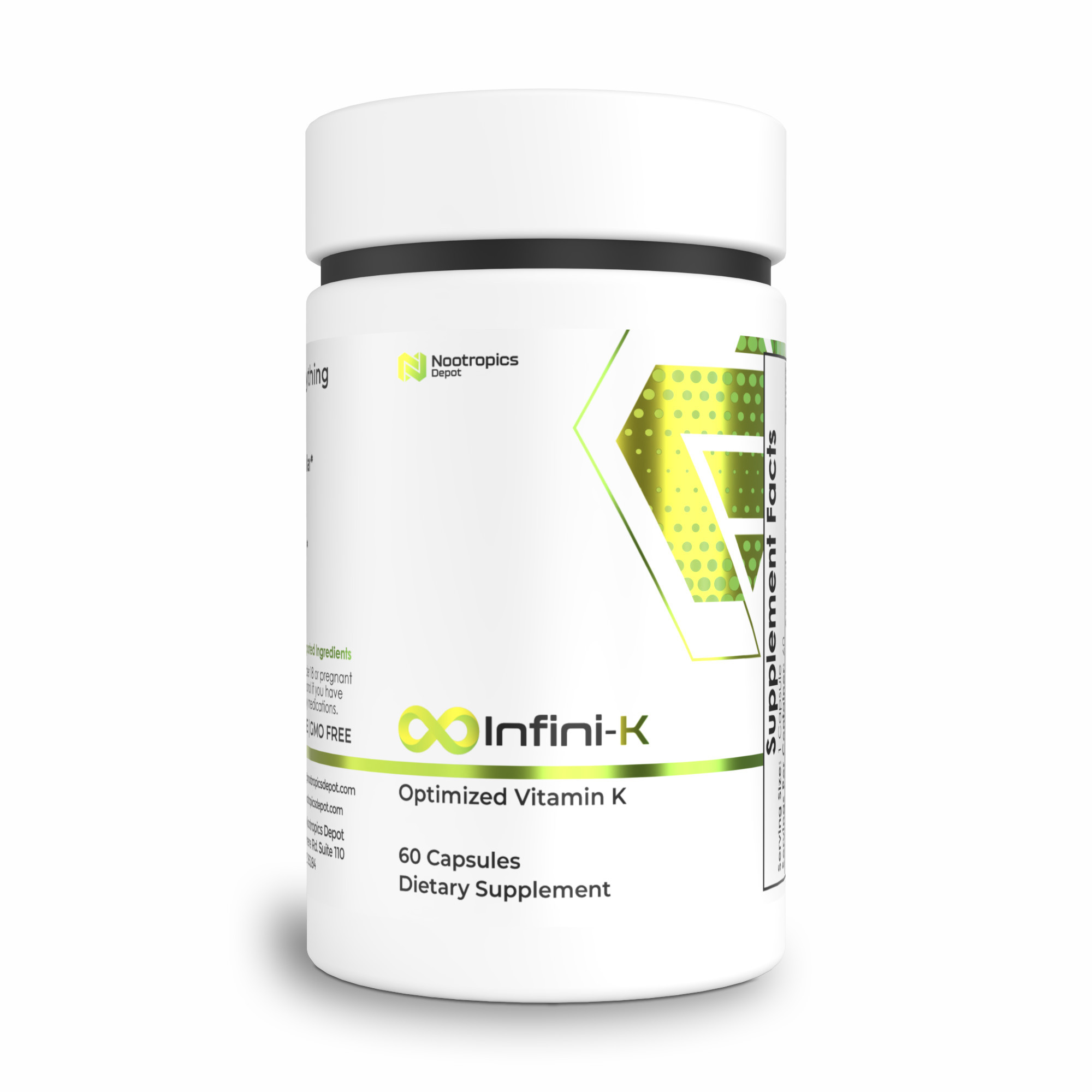 Bottle of Infini-K dietary supplement with 60 capsules.
