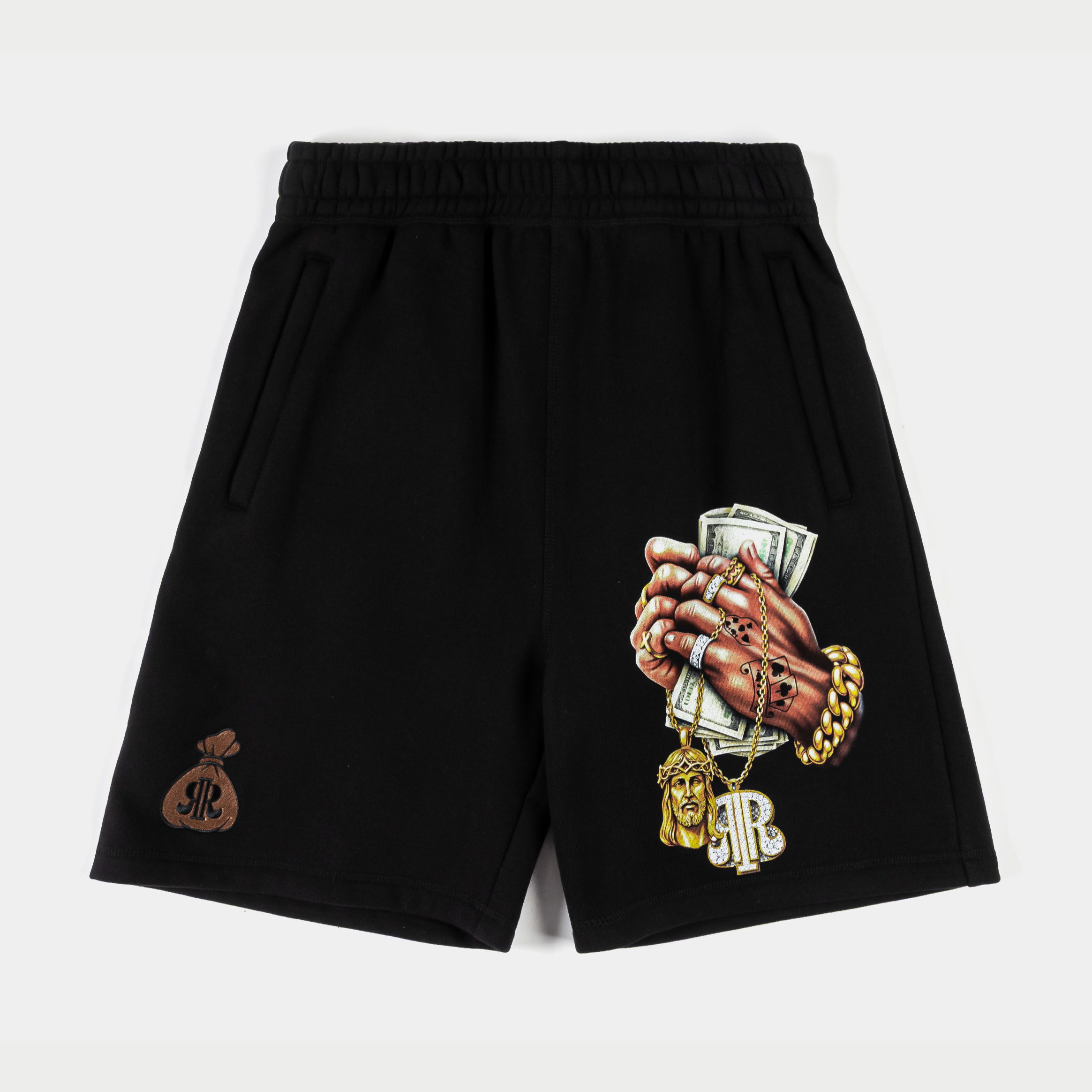 Black shorts with graphic design of hands holding money and jewelry.
