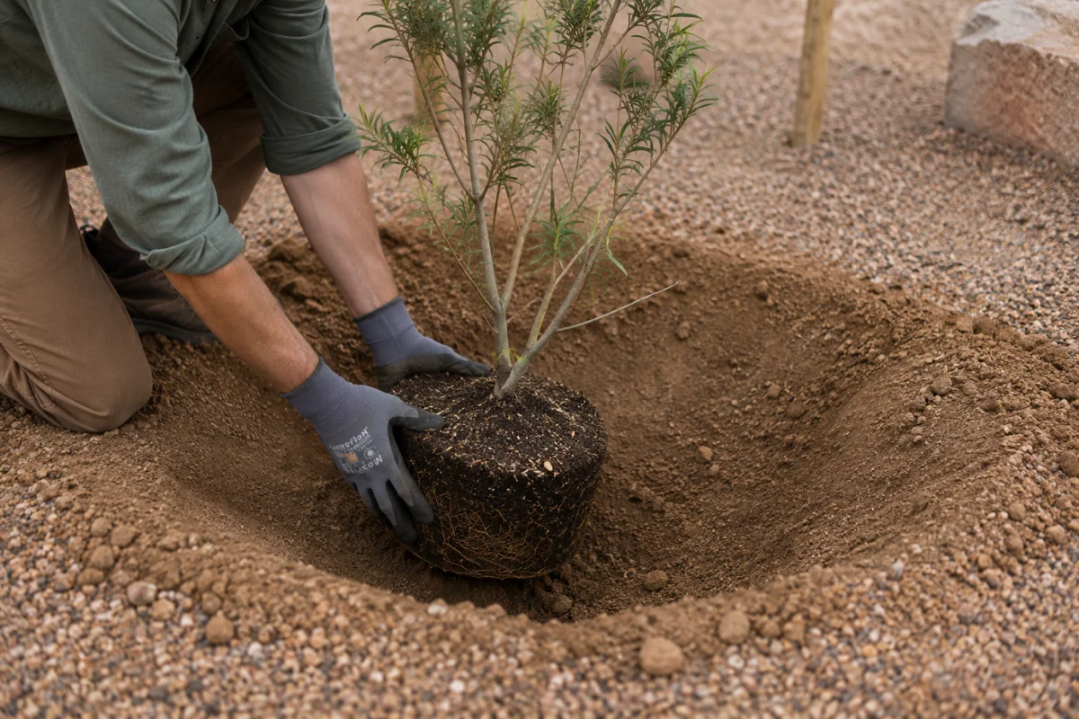 Gardener planting a small drought-tolerant tree in Tucson using a wide planting hole to encourage healthy root establishment in desert soil.