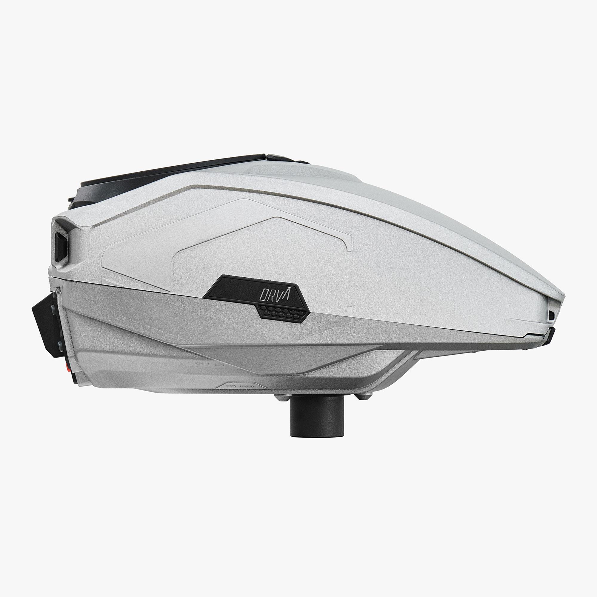 Silver paintball loader viewed from the side