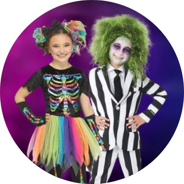 Girl in colourful skeleton costume and boy in Beetlejuice costume. Shop all kids costumes.