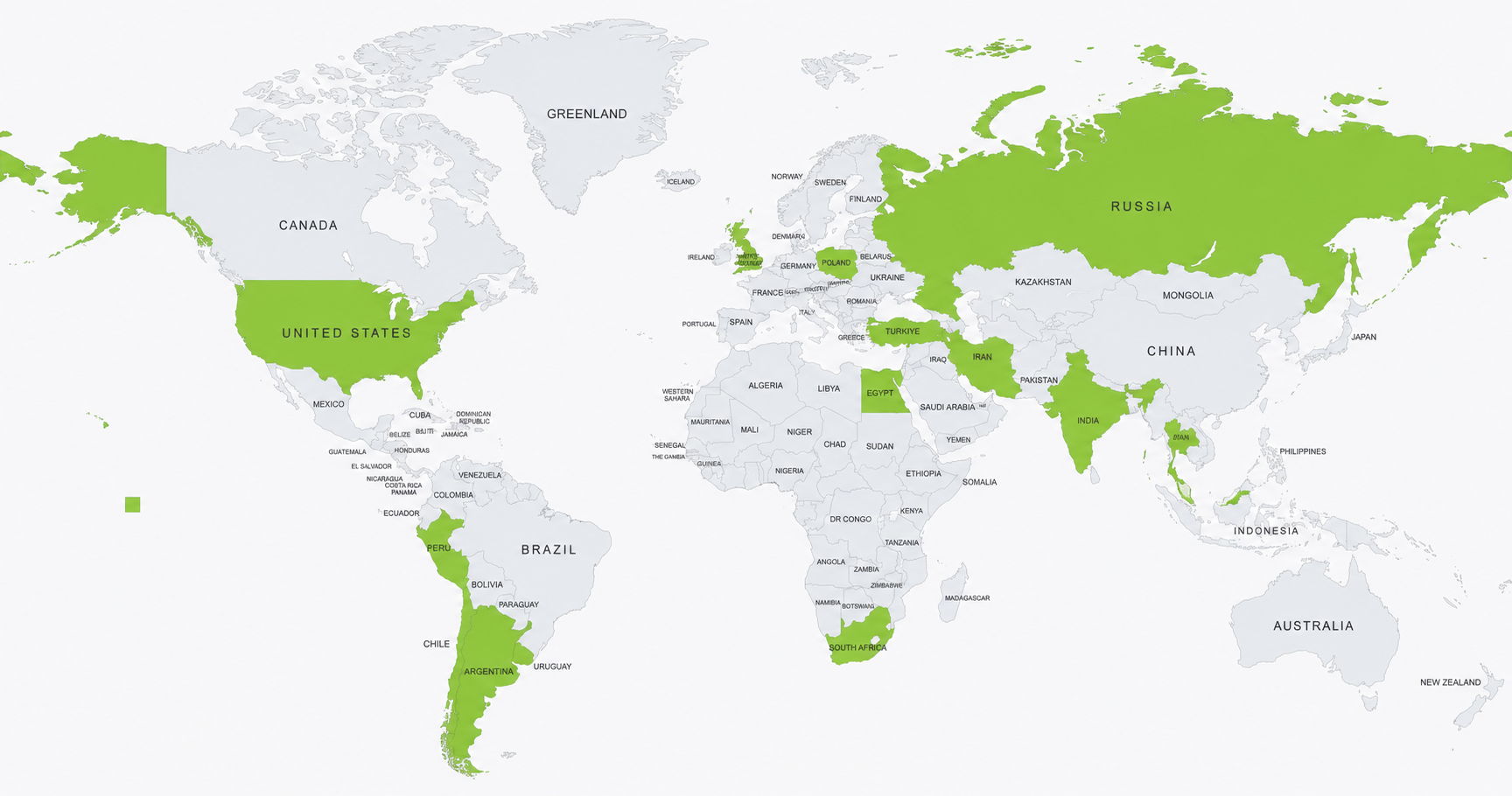 World map highlighting specific regions in green.
