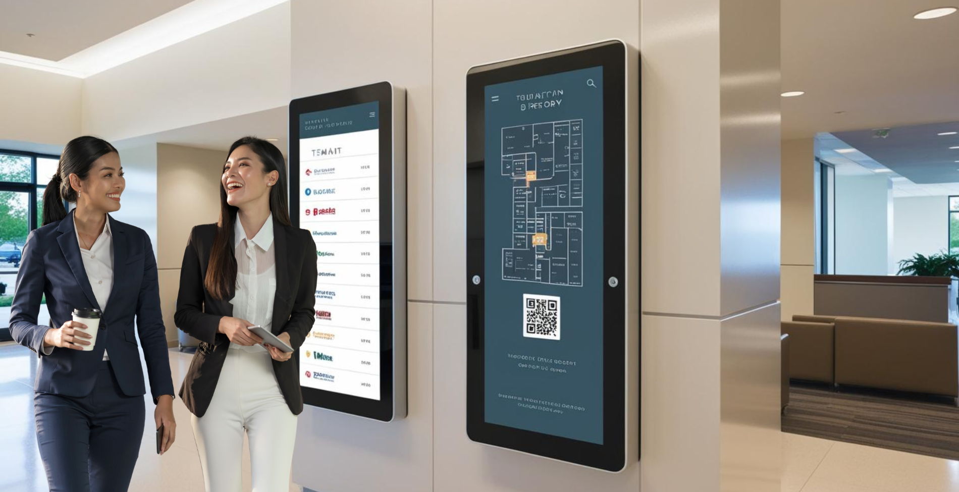 Two women walking near digital information directory kiosk in a modern lobby.