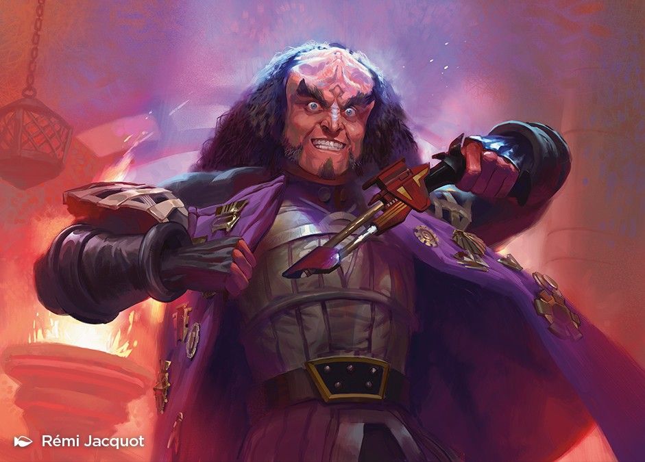 mtg star trek spoilers - A villainous character wielding a weapon in a dramatic, fiery setting.